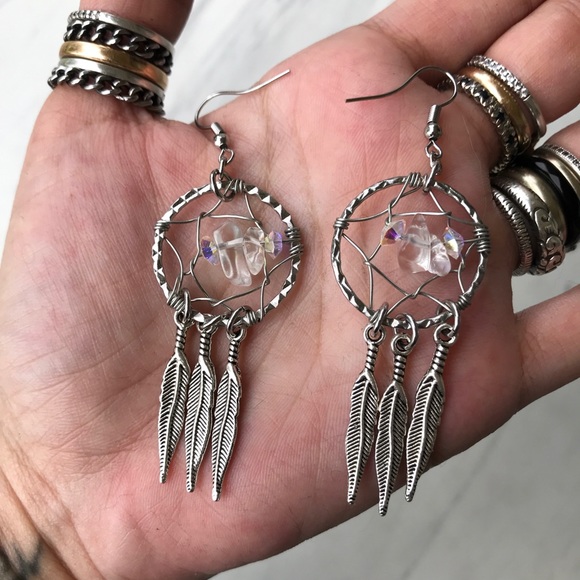 Genuine crystal quartz boho dream catcher earrings - Picture 5 of 8